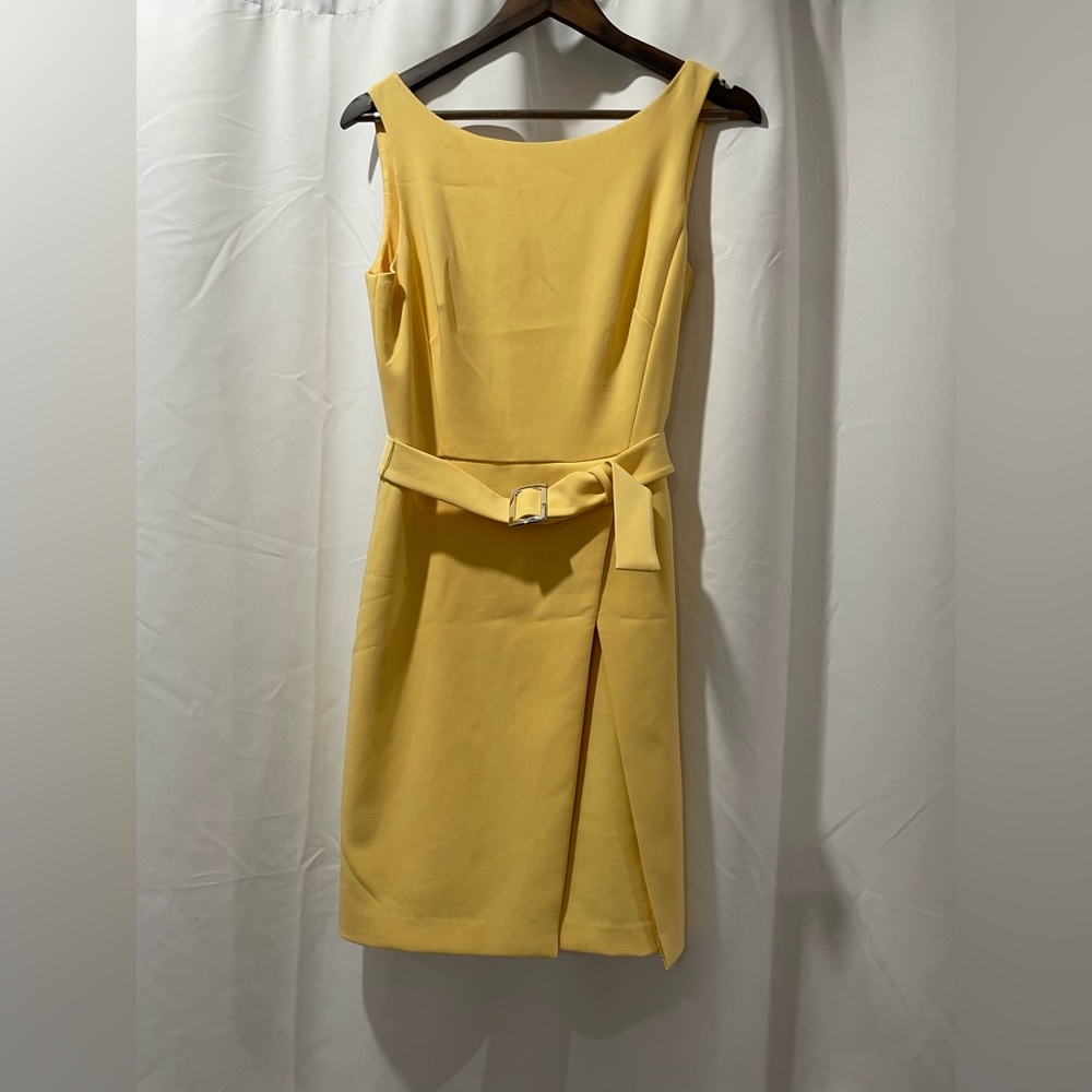 White House Black Market yellow dress with belt.
